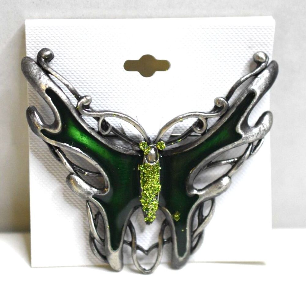 NWT Antique Style Silver Tone Butterfly Green Enamel Wings Glitter Body Brooch